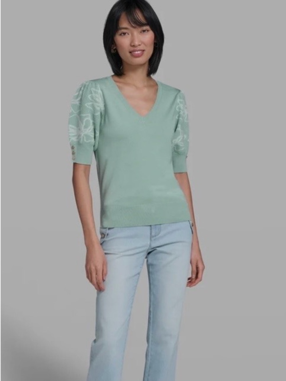 Karl Lagerfeld Sage Green V-Neck Puff Sleeve Knit Sweater